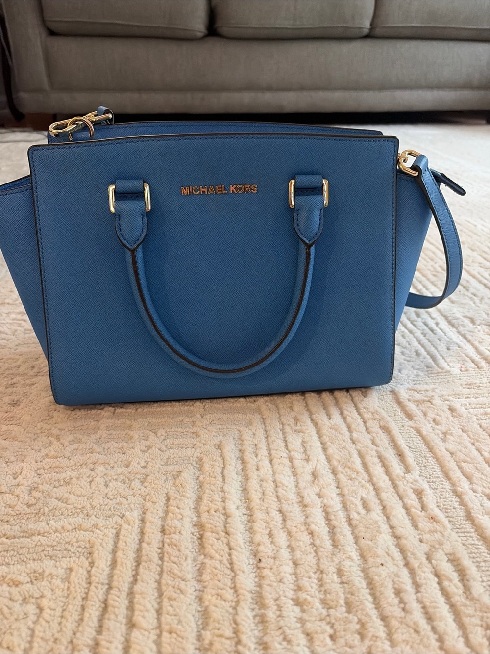 Michael Kors Blue Saffiano Purse with Gold Hardware